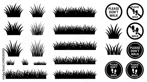 Collection of black grass silhouette tufts and borders with please don't walk warning signs on white background, concept for landscaping design, lawn maintenance and garden signage