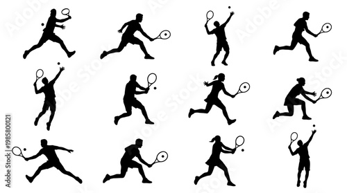 Tennis players in various poses action.