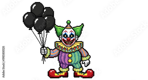 Scary Clown Holding Black Balloons Illustration.