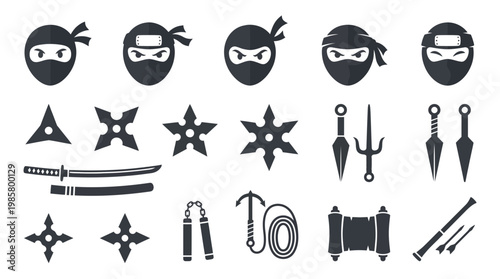 Flat black ninja assassin icon set featuring masked heads shuriken throwing stars katana sword and martial arts weapons, concept for gaming interface, martial arts branding and sport app design
