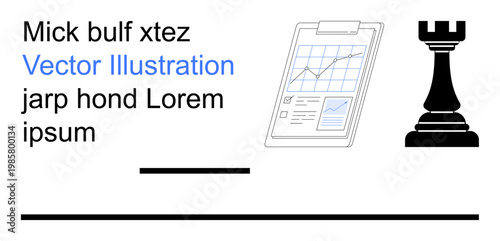 Business planning, data analysis, strategy building, decision-making, financial management, organization development. Clipboard with graph and chess rook. Strategy building and data analysis concept