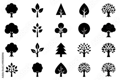 Minimalist collection of modern black tree silhouettes and leaf icons isolated on white background, concept for nature conservation, environment sustainability and organic branding design