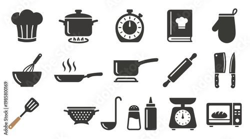 Minimalist set of black kitchen utensil and cooking equipment icons featuring chef hat, pots, pans and cutlery, concept for restaurant menu design, culinary blog and kitchenware marketing