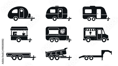 Set of black silhouette camper trailers, mobile food trucks and utility transport cargo trailers on white background, concept for mobile business branding, transport logistics and travel