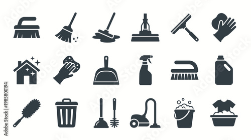 Collection of black cleaning icons featuring vacuum, broom, spray bottle and sanitation equipment isolated on white, concept for housekeeping, janitorial services and home maintenance