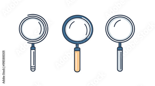 A set of three magnifying glasses, each with a different handle and lens design, on a white background