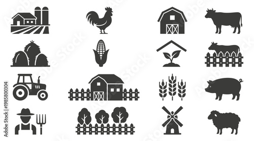 Black agriculture icons set with barn tractor animals and agricultural manager silhouette on white background, concept for organic food branding, rural marketing and farm infographics