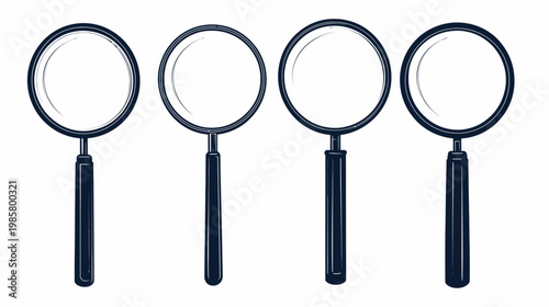 Four stylized magnifying glasses in a row, dark outlines on a white background. Simple and clean
