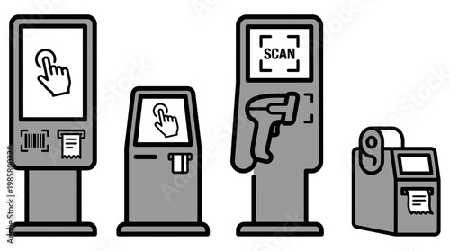 Set of various self service kiosk machine icons with touchscreen interface and payment scanner elements, concept for retail automation, digital payment system and smart banking technology