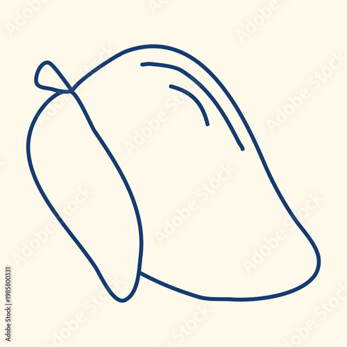 Single ripe mango with leaf in doodle style. Hand drawn tropical exotic sweet fruit clip art in blue ink. Healthy organic food, vector graphics