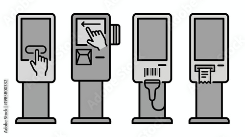 Flat vector icons of self-service digital kiosk machines featuring touch screens barcode scanners and receipt printers, concept for retail automation, customer self-checkout and digital payment