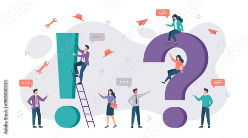 Professional project managers and developers collaborating around giant exclamation and question marks to solve tasks, concept for customer support, problem solving and business consulting