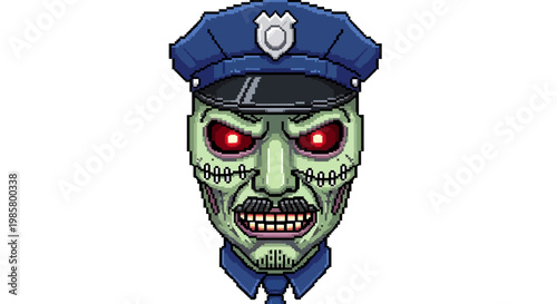 Scary Zombie Police Officer Head with Glowing Red Eyes.