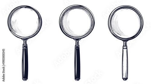 Three hand-drawn magnifying glasses in a line, with dark handles and clear magnifying glass