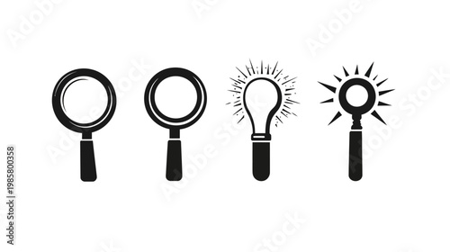Four black and white illustrations of magnifying glasses and a lightbulb on a white background