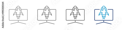 Deployment icons typically represent the software delivery process, often visualized as a rocket ship (launching). They are designed with varying line thicknesses and blue colors for web design.