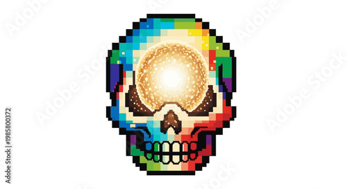 Pixelated Rainbow Skull with Glowing Eye.