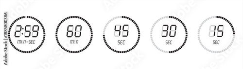 Countdown timer. Set digital timer, set stopwatch vector icon, illustration of digital clock and watch, timer, countdown symbol on isolated white background, eps 10