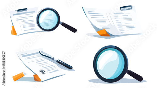 Cartoon illustration featuring a magnifying glass, documents, and paper clips, rendered in a simple style