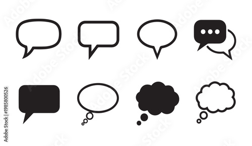 Collection of diverse speech and thought bubbles in outline and solid fills on white