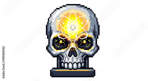 Pixel Art Skull with Cosmic Energy and Glowing Eyes.