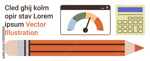 Education, analytics, productivity, performance, evaluation, creative tools. Illustration with pencil, gauge showing performance levels and calculator. Education and analytics visualization