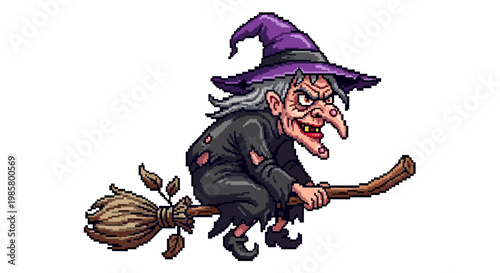 Spooky Witch Flying on Broomstick with Purple Hat.