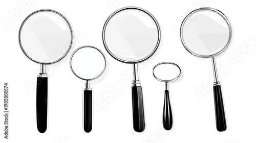 Five different size magnifying glasses with black handles and clear lenses arranged