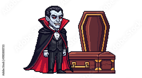 Pixel Art Vampire Standing Next to Open Coffin.