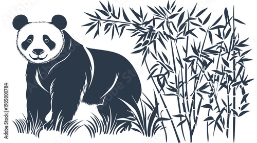 A black and white illustration of a panda bear with bamboo in the background