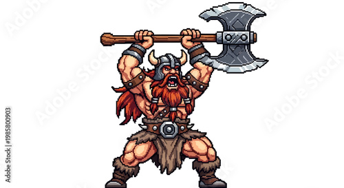 Pixel Art Viking Warrior with Large Axe Raised High.