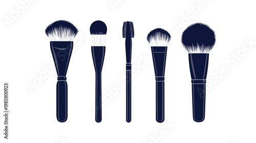 Stylized digital illustration of five navy blue cosmetic makeup brushes against a white background