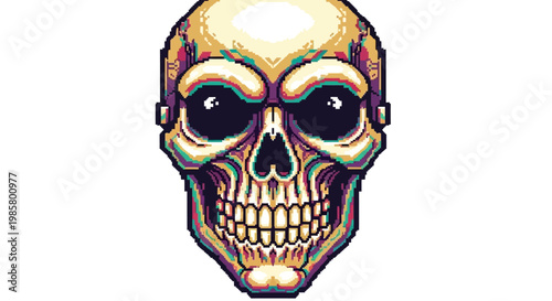 Pixel Art Skull With Large Eyes And Grinning Teeth.