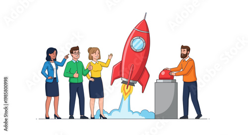 Team Launching Rocket Ship Startup Business Concept.