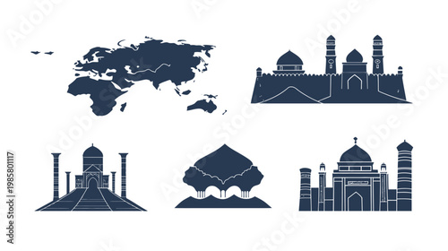Silhouettes of structures and world map are arranged on a white background