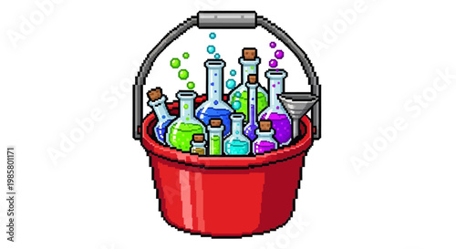 Red Bucket Filled With Colorful Science Experiment Bottles.