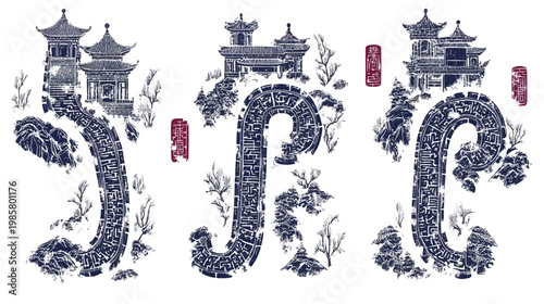 Artistic depiction of Asian-inspired pagodas, arched pathways, and scenic landscapes, on a white background