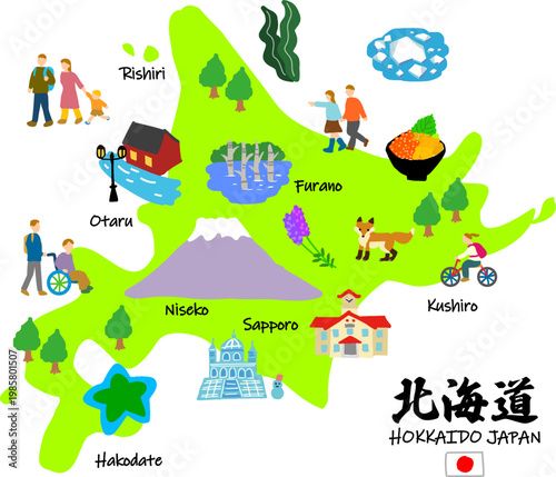 北海道旅行、手描きの観光スポットと観光客フラットイラスト