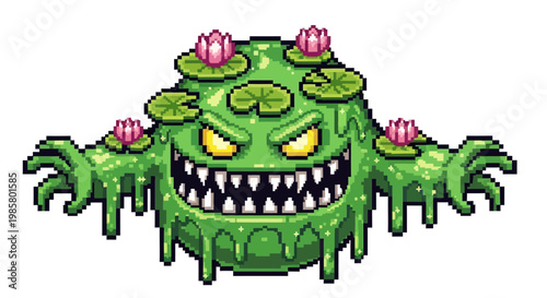 Pixel Art Swamp Monster with Lily Pads and Pink Flowers.
