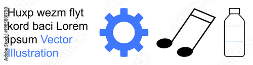 Technology, music, sustainability, engineering, creativity, industrial design. Blue gear icon, black music notes water bottle. Technology and music concepts highlighting innovation and design