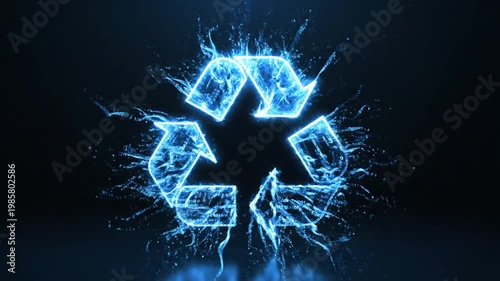 Recycling symbol with glowing blue lines.