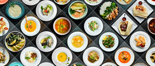 various different types of restaurant menu dishes in plates. Photo collage of food. Top view on black background.