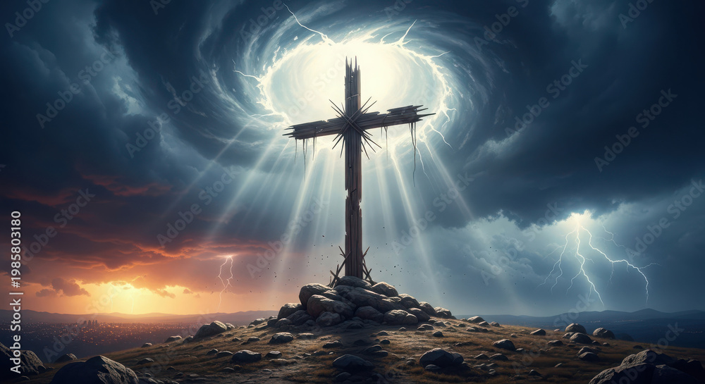 Obraz premium A symbolic wooden cross dramatically illuminated by powerful divine light from a swirling vortex in a stormy sky with striking lightning.
