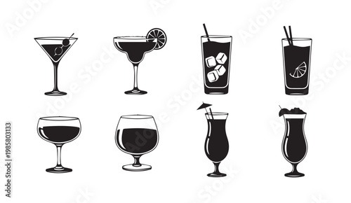 Collection of eight different cocktail glasses with beverages and garnishes in a clean line art style
