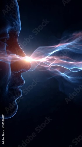 A futuristic illustration of two human faces connected by glowing energy lines in darkness.