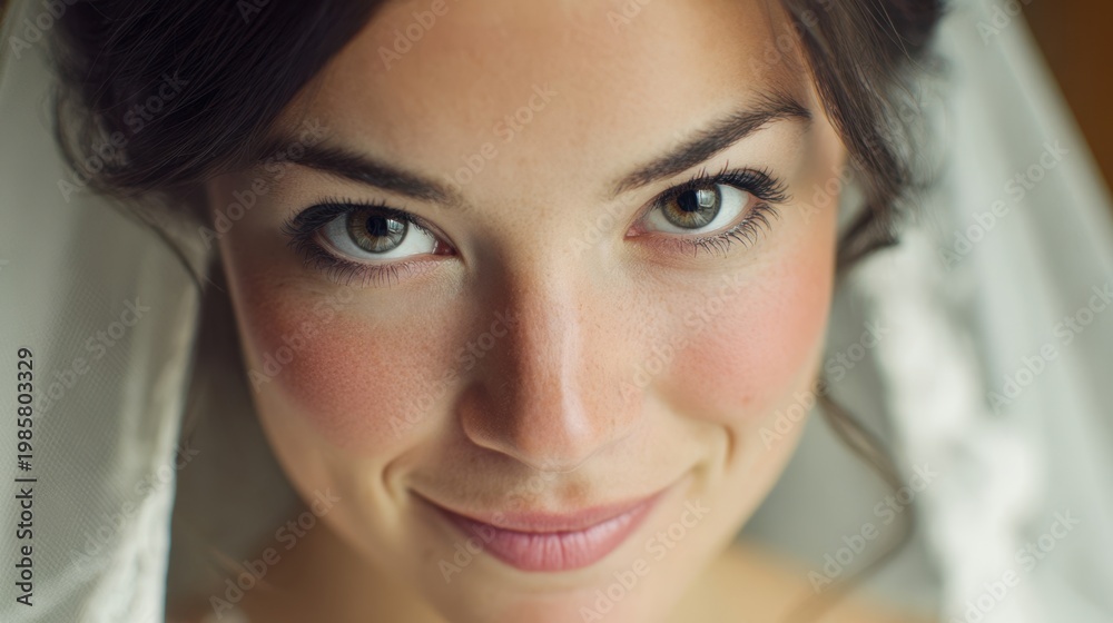 Naklejka premium Bride with dark hair and natural makeup gazes directly at the camera, wearing a delicate veil, showcasing her elegant features and soft expression in a close-up portrait