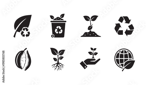 Collection of eight minimalist ecological and sustainability icons in black vector graphic style