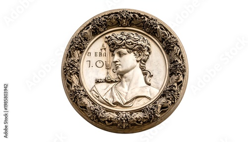 A sculpted, circular relief features a male figure with flowing hair, set within an ornate, floral-patterned border against a white background