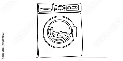 Minimalist one line art illustration of a modern washing machine appliance for household laundry. Vector, illustration