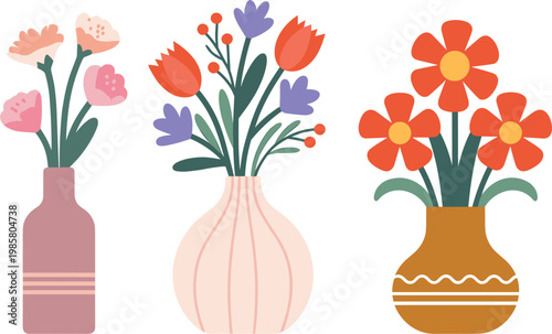 Flower vases set, decorative floral arrangements in ceramic pots, modern home decor vector